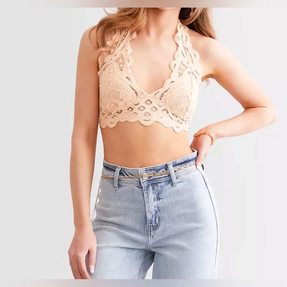 Free People Intimately Lace Halter Bralette in Almond Cream